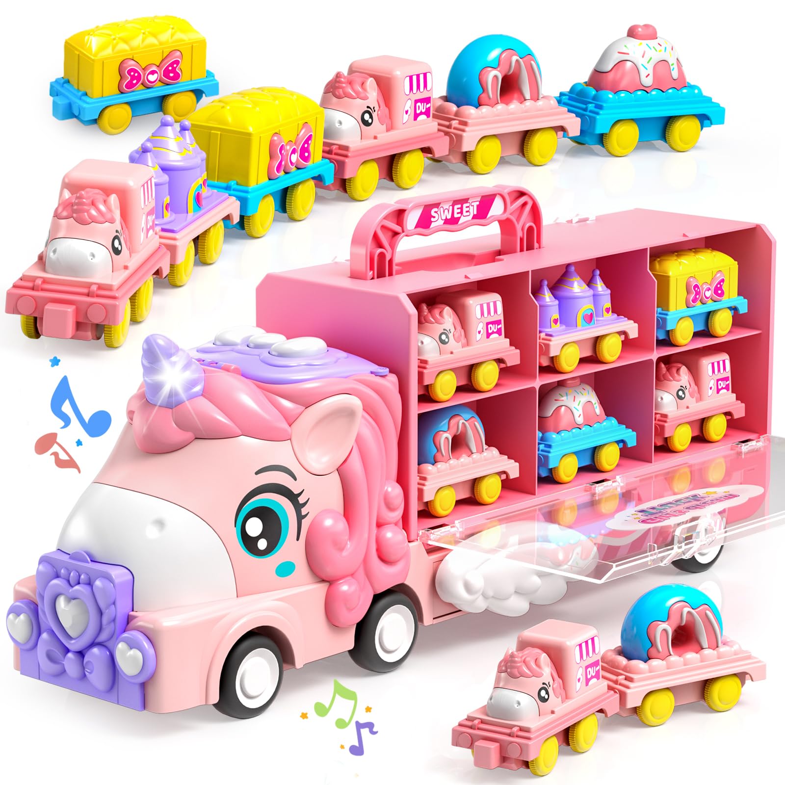 LYVENO Car Toys for 2 3 4 5 6 Year Old Girl, Unicorn Toys for Girls Age 4-6 | Toys Truck with 6 Magnetic Princess Cars, Friction Power Toy Cars W/Light & Sound, Birthday Gifts for Toddlers Kids Girls 2-4