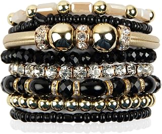 Bohemian Bead Multi Layer Versatile Statement Bracelets - Metallic Bar, Sparkly Crystal, Tassel Charm Stackable Stretch Prayer Cuff Leatherette Bangle