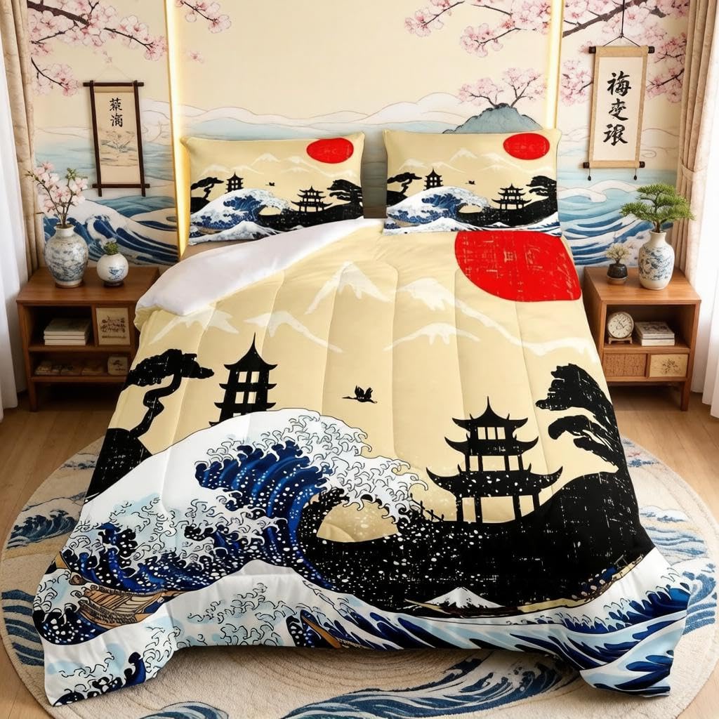 Japoński zestaw pościeli Ukiyoe Hokusai zestaw pościeli dla dzieci chłopców dziewcząt japoński styl Carne puchowa kołdra oddychająca kołdra zestaw pościeli pojedynczy rozmiar