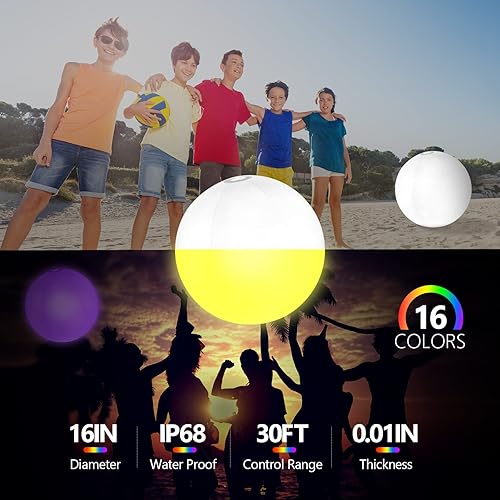 Miniatura 2 de Paquete de 6 bolas de playa iluminadas que brillan en la oscuridad, juguetes de piscina, juegos de fiesta, pelota de playa LED grande de 16 pulgadas