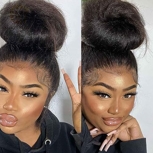 360 Lace Front Wigs Human Hair Kinky Straight 360 Frontal Wigs for Black Women 16 Inch 180% Density 10A Remy 360 Full Lace Human Hair Wigs with Baby Hair Natural Color