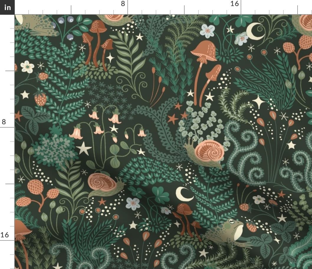 Spoonflower Fabric - Fairy Tale Forest Frog Snail Green Fern Magic Scandinavian Moon Printed on Petal Cotton Fabric by The Yard - Sewing Quilting Apparel Crafts Decor