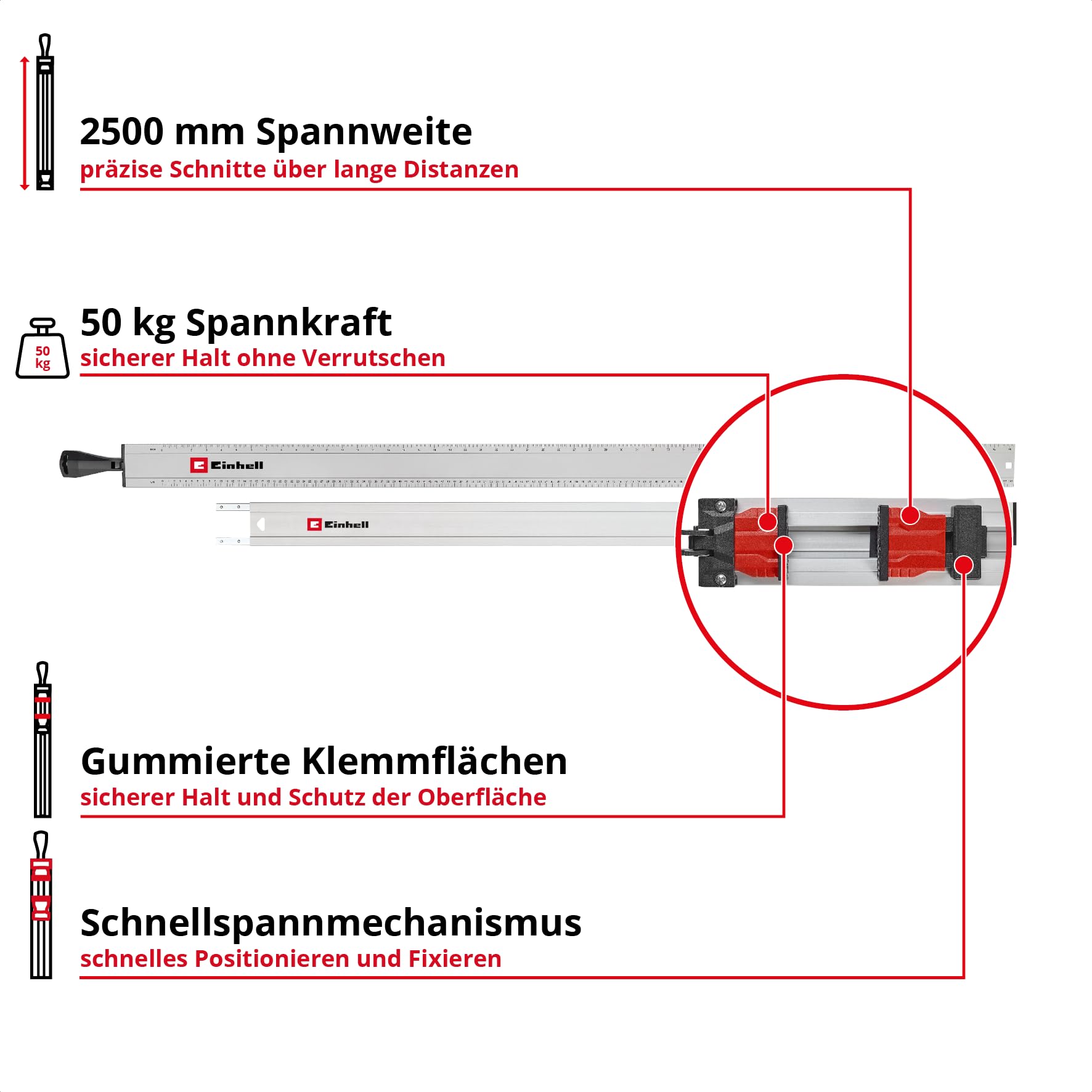 Einhell Universal-Sägeschiene, 2-tlg. (max. Spannweite 2500 mm, Spannkraft 50 kg, Aluminiumprofil, rutschhemmende Klemmflächen, Schnellspannmechanismus, kompatibel mit Stichsägen & Handkreissägen)
