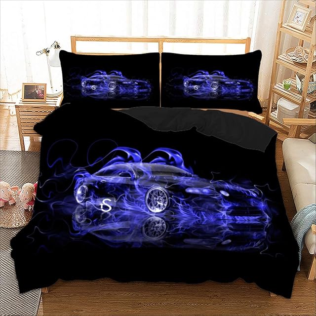 Racing Car Duvet Cover Set 3D Blue Car Pattern Printe Bedding Quilt Duvet Cover Set for Kids Child Boys, Soft Microfiber Double Size 200x200cm