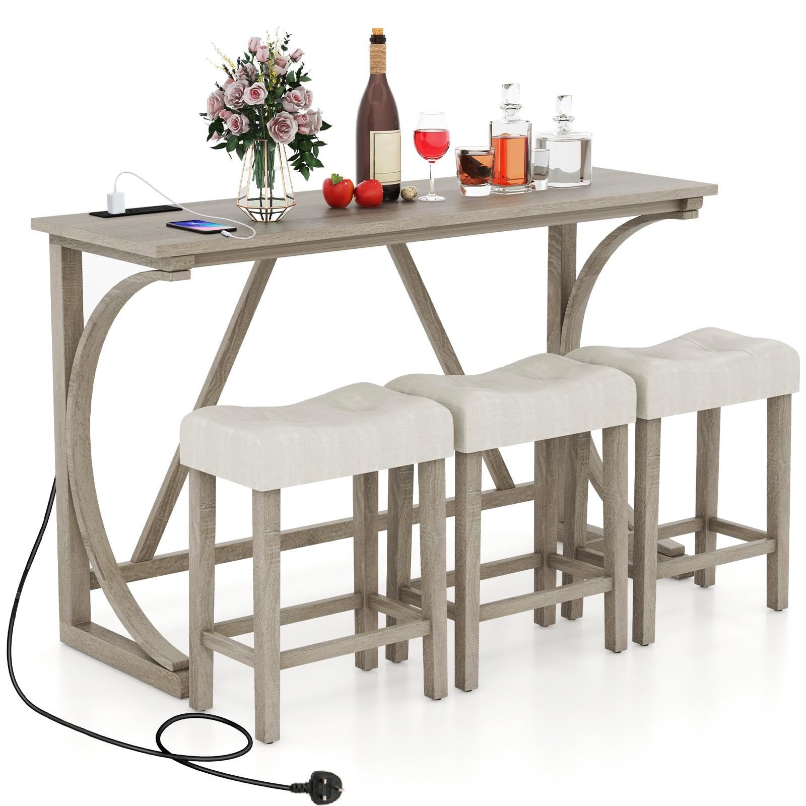 COSTWAY 4 Piece Bar Table Set with Power Outlet, Counter Height Kitchen Table and 3 Upholstered Saddle Stools Set, Dining Room Furniture for Home Restaurant Pub