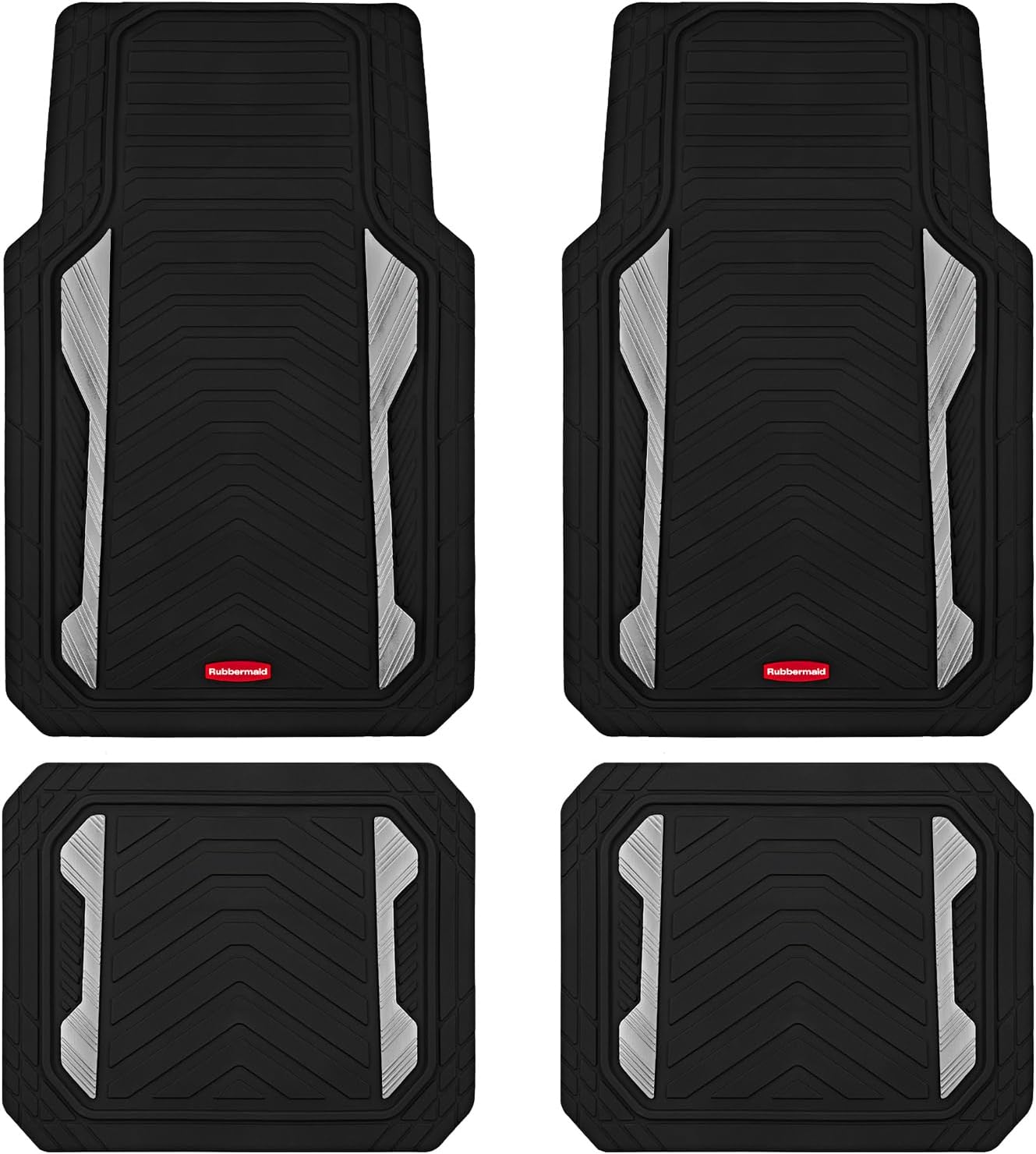  Car Floor Mat, Heavy Duty All-Weather Car Mats Full Set with Dual-Tone Sliver Aluminum Inserts – Universal Fit, Anti-Slip Backing, Trim-to-Fit for Most SUV, Sedan, Van