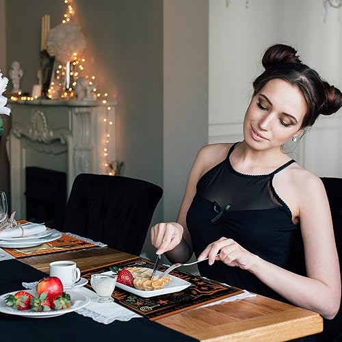 Miniatura 4 de Umigy 6 manteles individuales de Halloween de 12 x 18 pulgadas, manteles individuales góticos de murciélagos, decoración de cocina, manteles