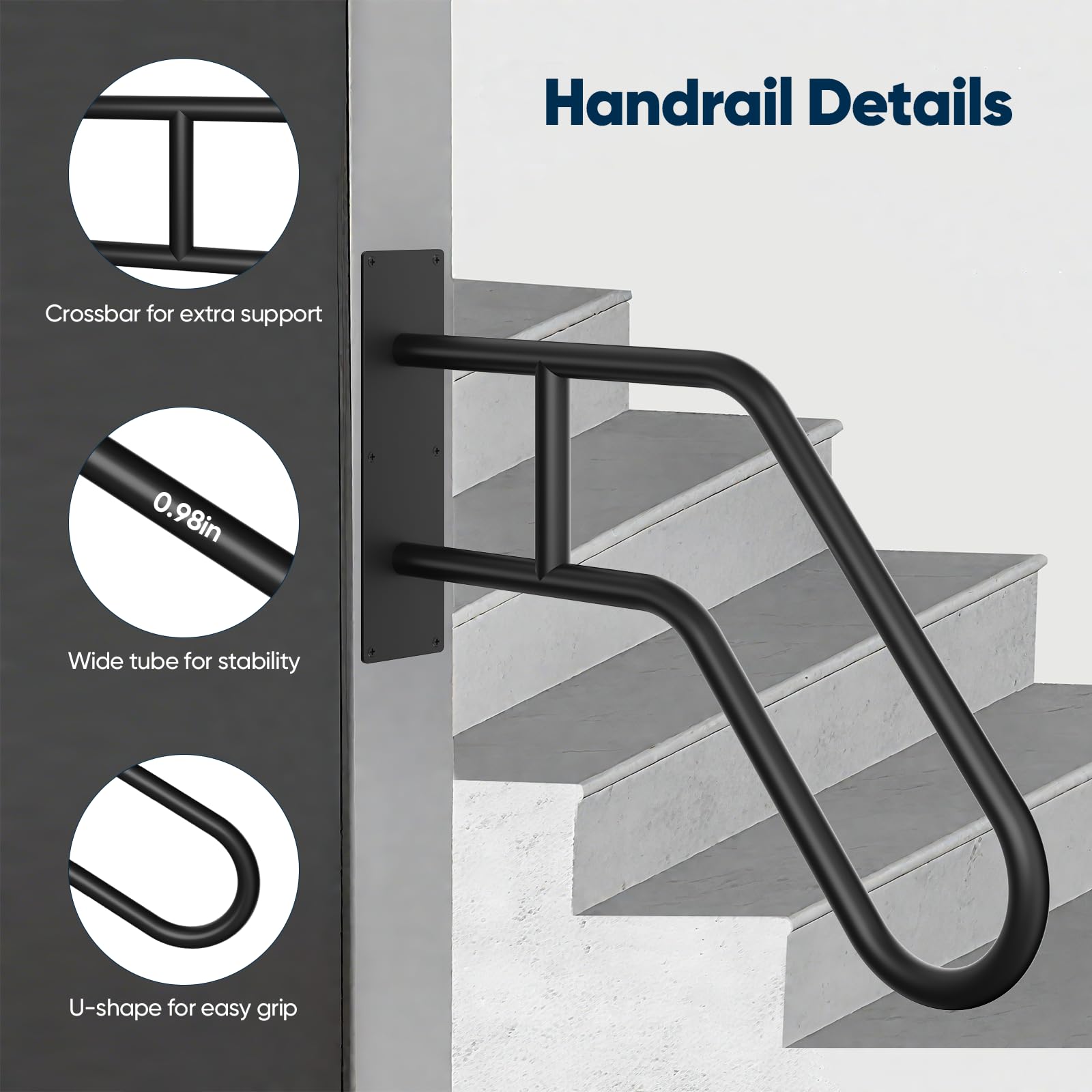 Barandilla Exterior para Escaleras, Barra de Seguridad Metálica en Forma de U, Tubo de Acero 25mm con Construcción Reforzada, Acabado Negro Mate, Pasamanos para Niños, Ancianos, Mujeres Embarazadas, D