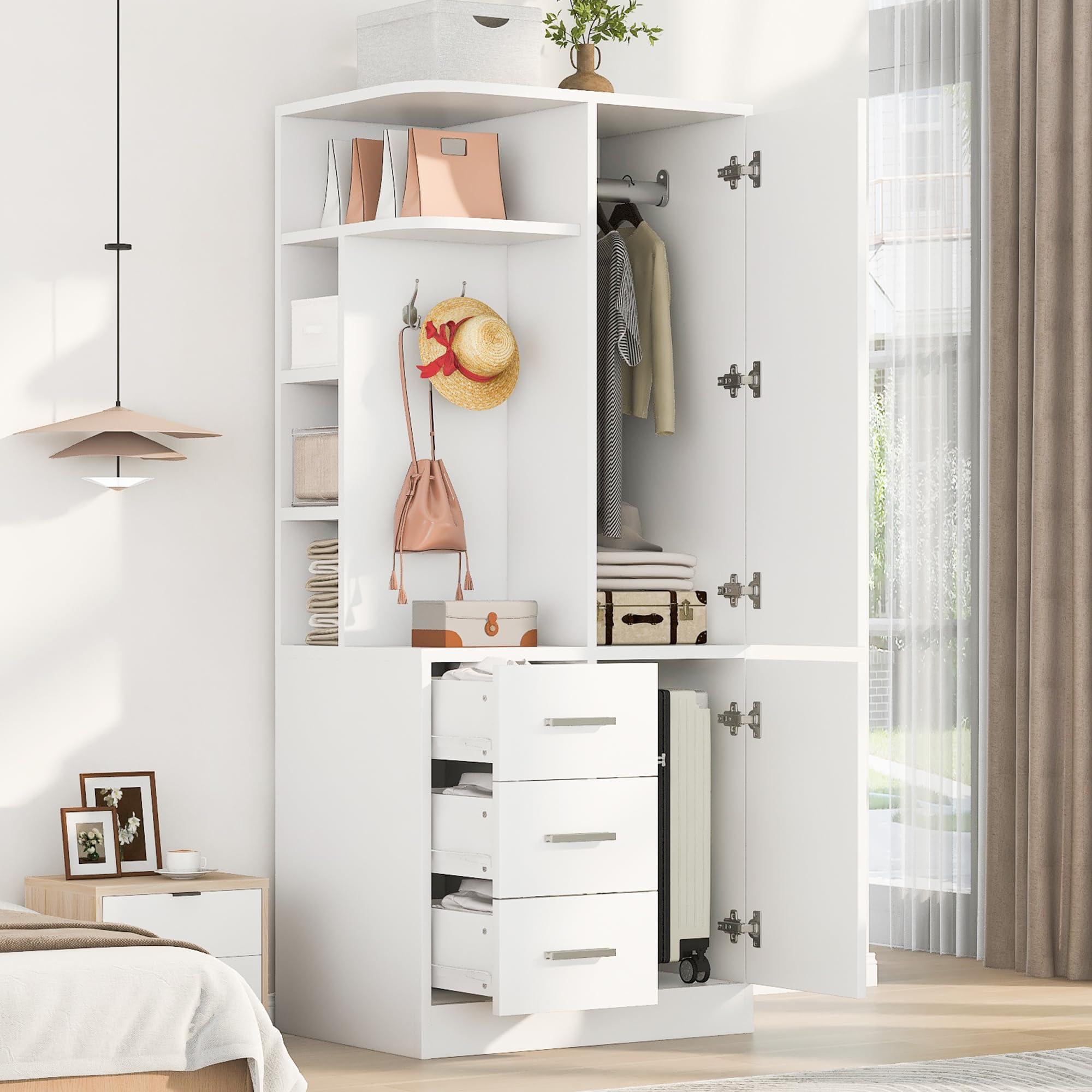 Armadio da corridoio, 70 x 50 x 170 cm, 3 cassetti, in legno, bianco