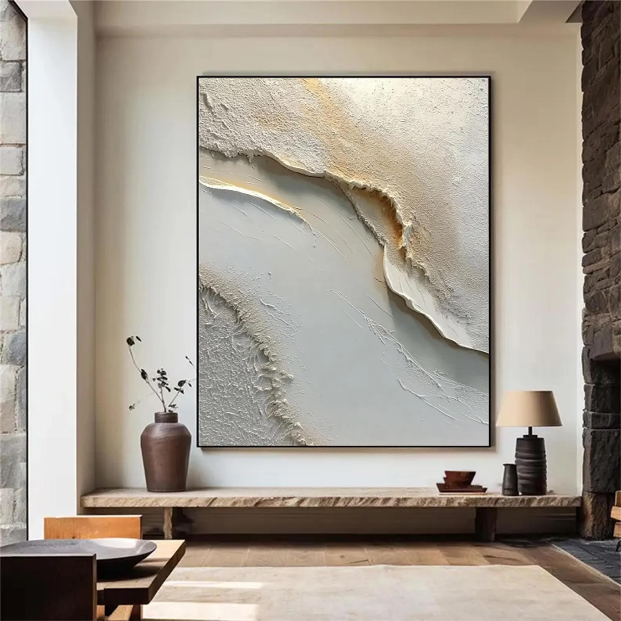 UUDEZO Abstrakcyjny obraz olejny w kolorze szaro-białym, duży, wysoki, pionowy wystrój ścienny ze strukturą (60 x 90 cm)