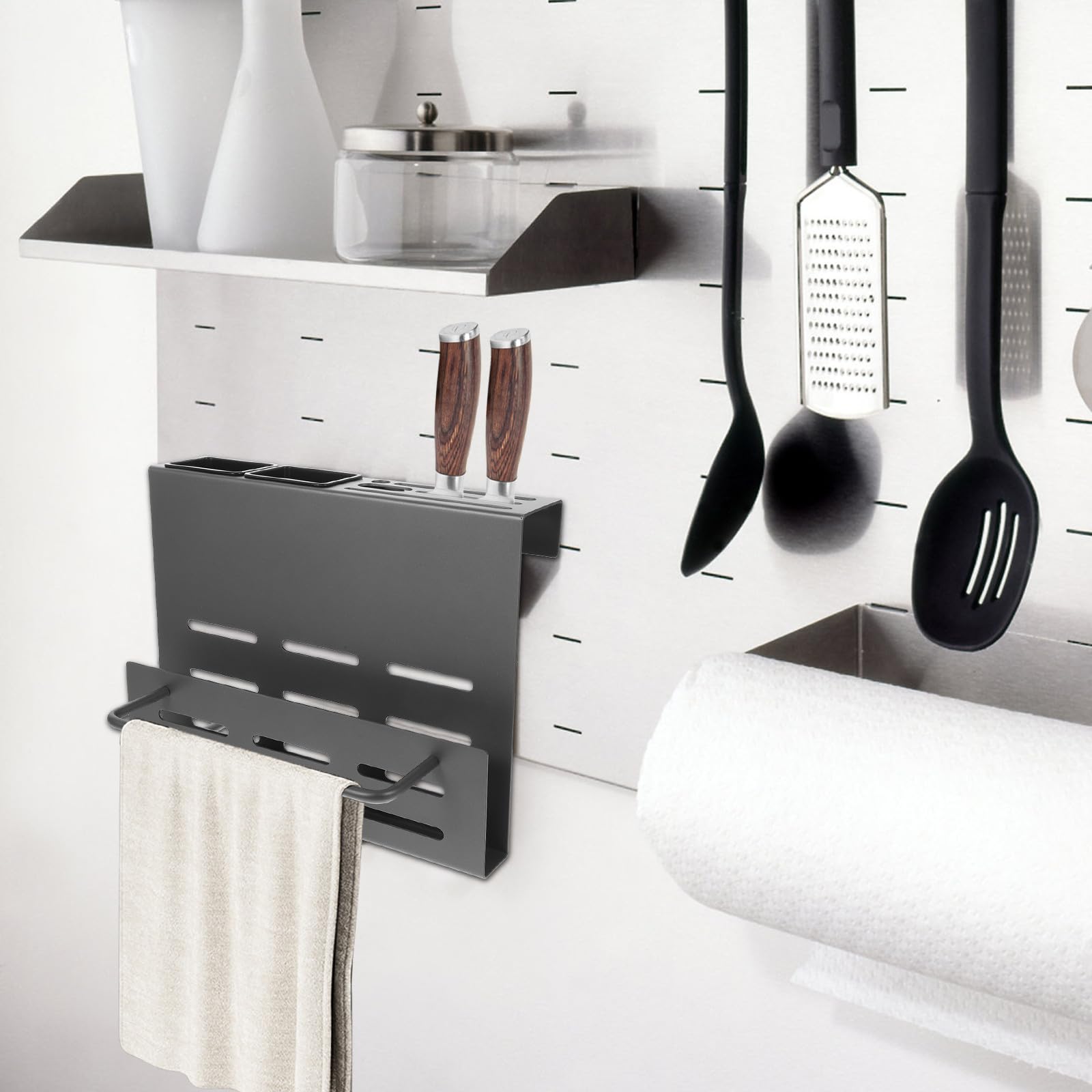 ULTECHNOVO Porte-ustensiles Mural en Abs et Acier Inoxydable pour Rangement Multifonction Support Planche à Découper et Porte-baguettes, la Cuisine Moderne