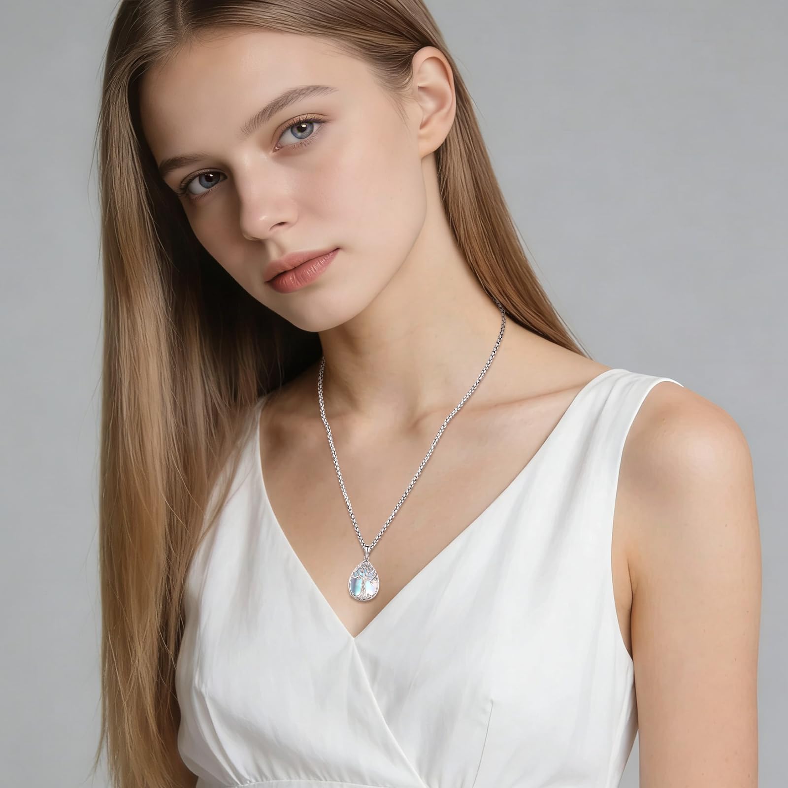 Eusense Lebens Baum Halskette für Frauen Stammbaum Kette Mondstein Anhänger Kristallherz Halskette Schmuck Geschenk für Mama Lebensbaum Schmuck