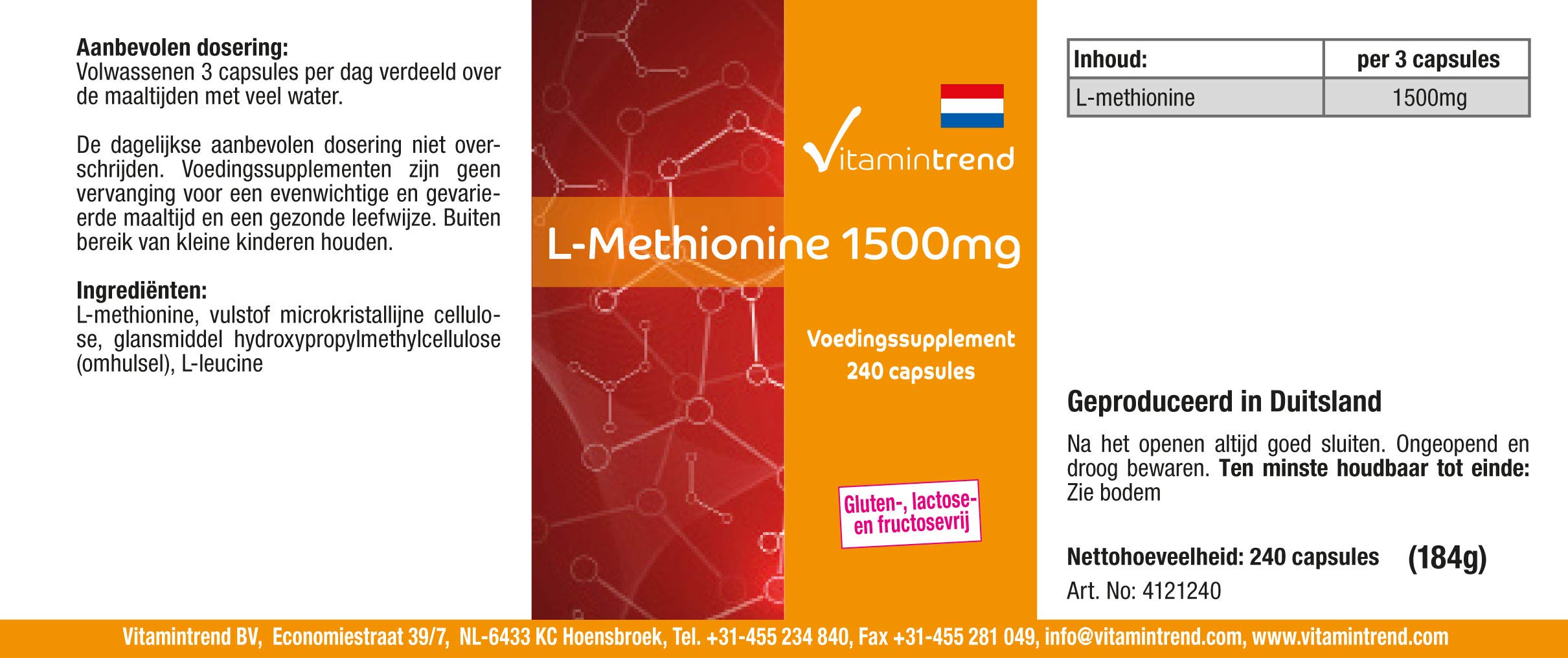 Vitamintrend L-Metionina 1500 mg per dose giornaliera, 240 capsule, ad alto dosaggio, integratore alimentare vegano senza magnesio stearato, prodotto in Germania