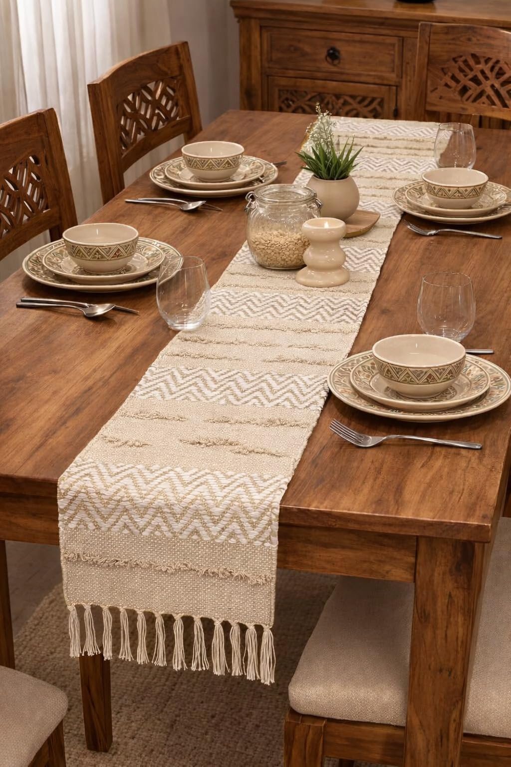 RD TREND Handwoven Cotton Table Runner for 6 Seater| 13x78 Inches ,Zig Zag Design with Tassels | Perfect for Dining & Center Table Decor (Beige)-image-48