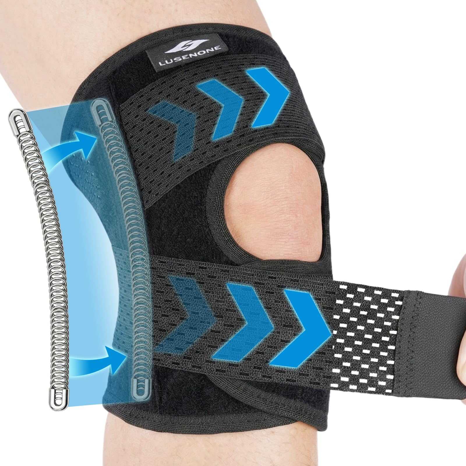 Lusenone Kniebandage für Damen Männer, Verstellbare Kniestütze mit Seitenstabilisatoren & Riemen, Kompressions Bandage Knie for Meniskusriss, Arthrose, ACL, Knieschmerzen, Laufen, Joggen, Sport