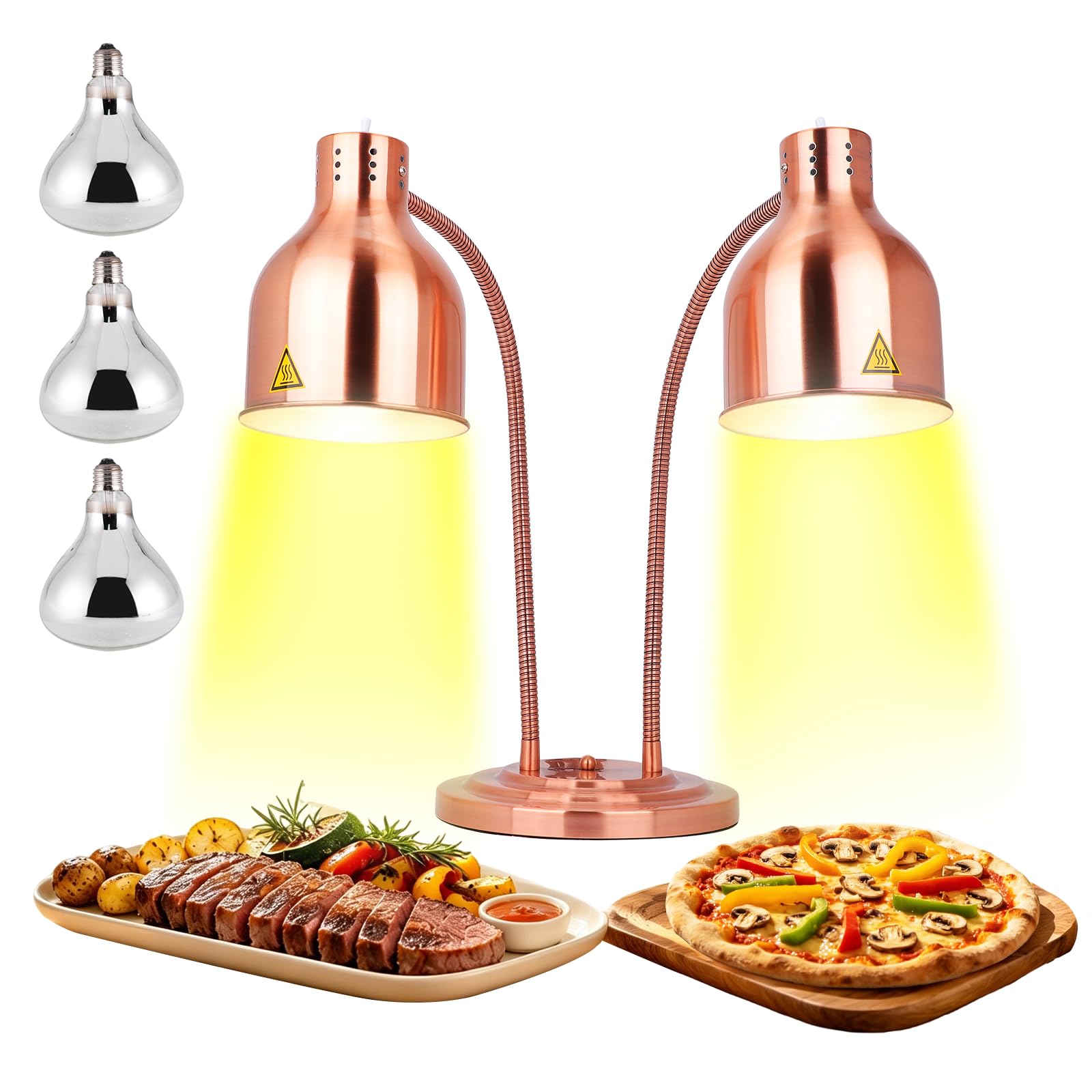 YJINGRUI 2 x 250W Freestanding Food Heat Lamp | Expandable Pipe up to 70 cm for Buffet, Restaurant, Kitchen (Double Bulbs)