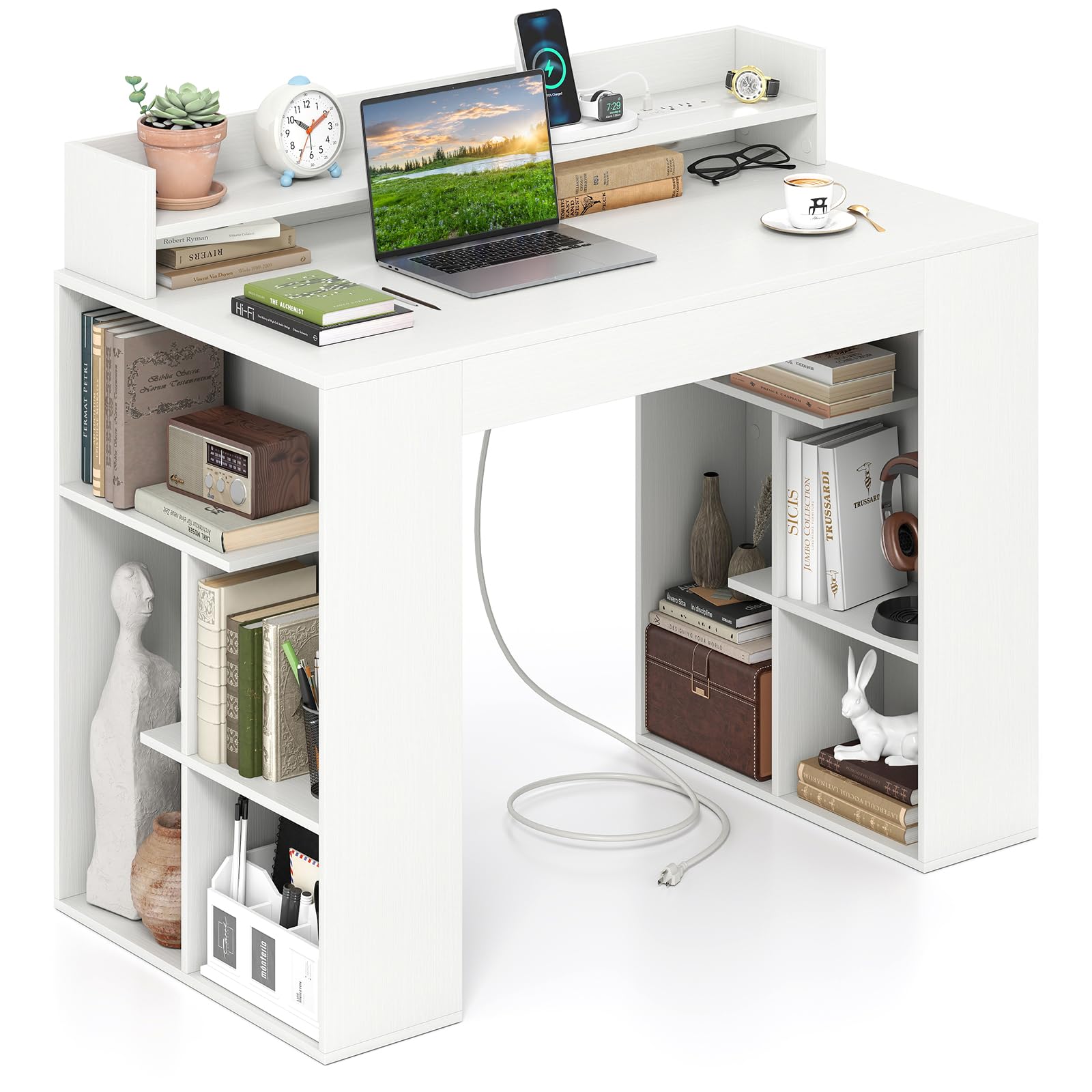 GOFLAME Computer Desk, 43” Home Office Desk with Power Outlets, Monitor Shelf, Bookshelf & Cable Hole, Modern Study Writing Desk, PC Workstation for