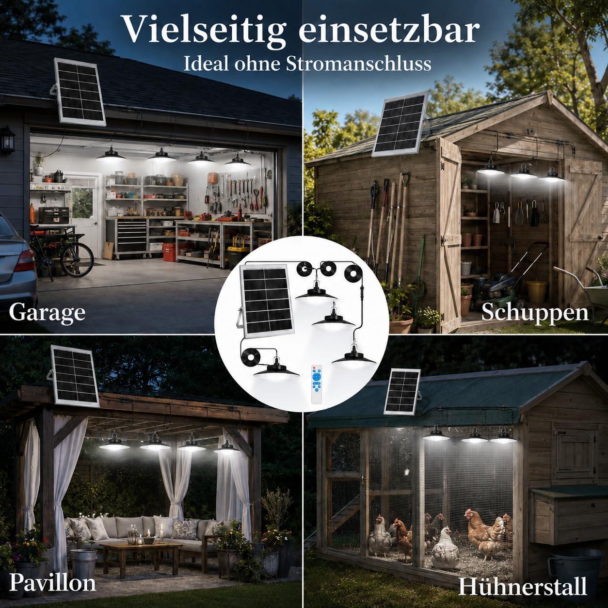Solarlampen für Außen mit Bewegungsmelder Fernbedienung Solar Hängelampe Outdoor mit 5 Modi, 4000mAh Solarleuchte Innen für Hühnerstall Terrasse Garten, IP65 Wasserdicht Timer(4 Head, Weiß)