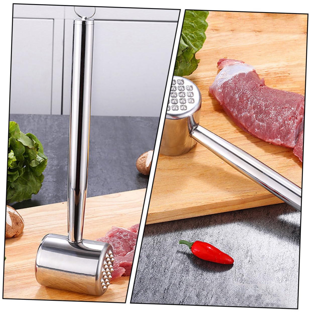 2 Stück Teiliges Fleischklopfer Edelstahl mit Langem Rutschfestem Griff Langlebig und Vielseitig für Steak Schweine Rindfleisch Effektives Zartmachen und Küchenhilfe