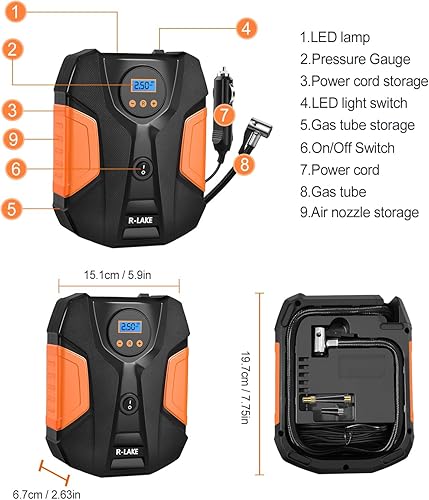 Miniatura 2 de Compresor de aire portátil para inflador de neumáticos, bomba para neumáticos de automóvil (hasta 50 PSI), bicicletas de 12 V CC 150 PSI) con luz