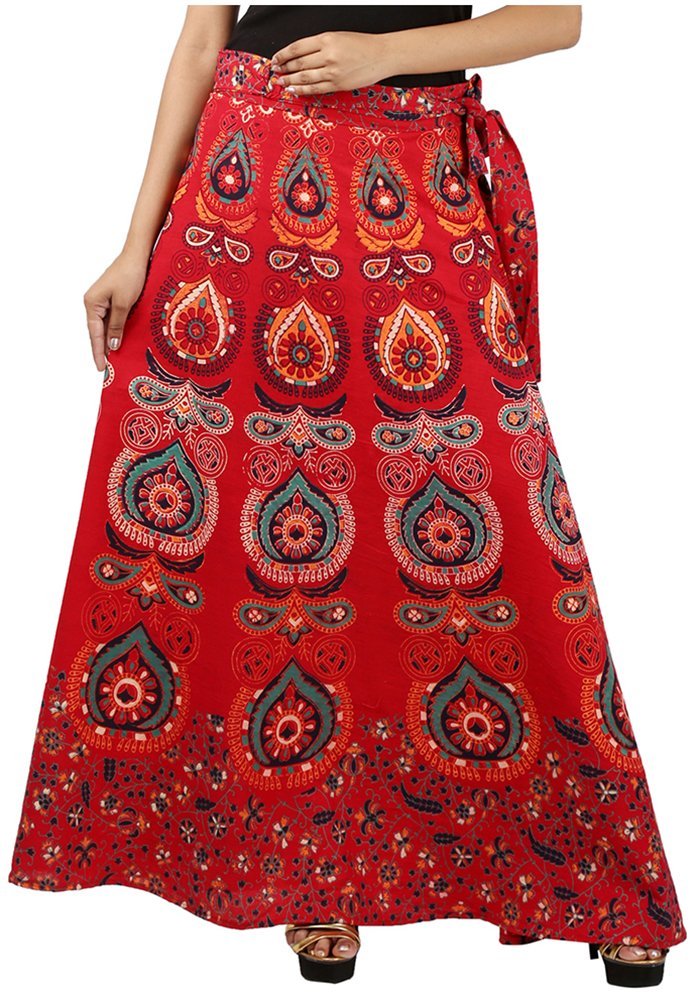 Jaipur Skirt Women's Traditional and Stylish Cotton Jaipuri Printed Wraparound Skirt (MJBW00371_Free Size, Red, Free Size)-image-0