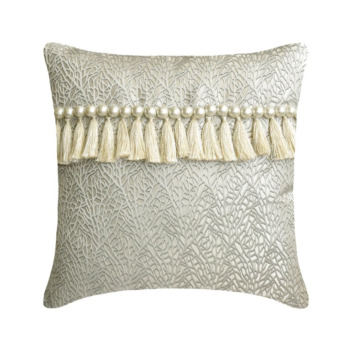 The HomeCentric Ivory & Silver 45x45 cm (18"x18") Toss Cushion Covers, Silk Pearls & Tassels Toss Cushion Covers, Abstract Pattern Art Deco Style - Palais Royale — image 1