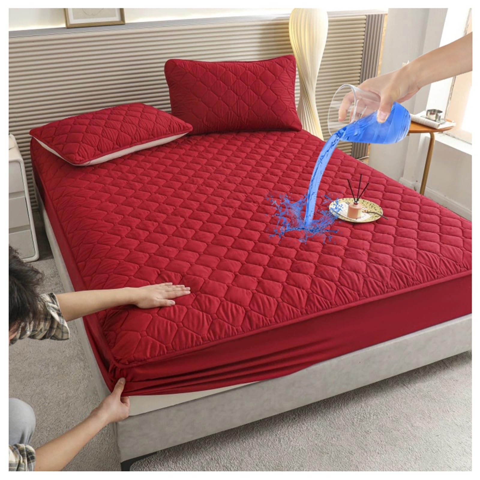 Waterproof Quilted Mattress Protector Twin Full Queen Cal King, Noiseless Fitted Mattress Topper Protector, Deep Pocket 2-12in, Machine Washable(Burgundy,90x190cm/35x75in)