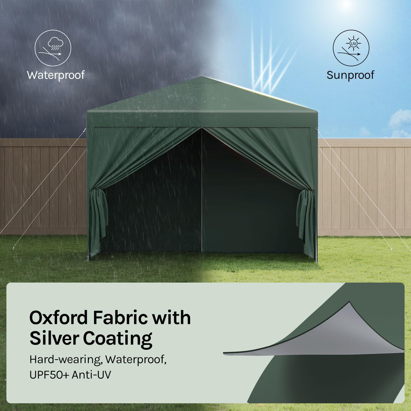 WOLTU Pawilon Pop-up, wodoszczelny, składany pawilon przeciwsłoneczny, ze ścianami bocznymi, pawilon ogrodowy na taras, kemping, festiwal, namiot pagodowy z metalowej ramy Oxford, 3 x 3 m, zielony