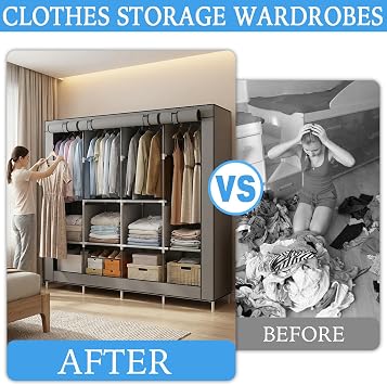Fabric Wardrobes for Bedroom,Bedroom Wardrobes with Shelves and Hanging Rail,Canvas Wardrobe Storage Solutions,Clothes Storage Organiser,Clothes Rail with Cover,170x45x170cm,Grey