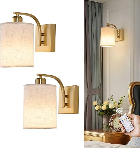 Powfloven Gold Rechargeable Wall Sconces Set of 2 with Remote, Wireless Battery Operated Dimmable LED Wall Lights, Cordless Wall Lighting Lamp Fixture for Bedroom Living Room