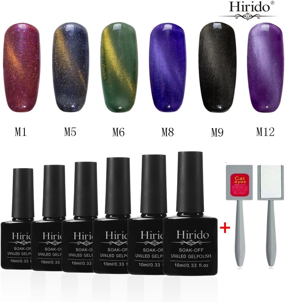 Cat Eye Gel Nail Polish Set, 10ml 6 Gorgeous Colors + Free Magnet Sticks, Soak Off UV LED Lacquer Manicure Nail Magnetic Gel Hirido Gift Set (004)