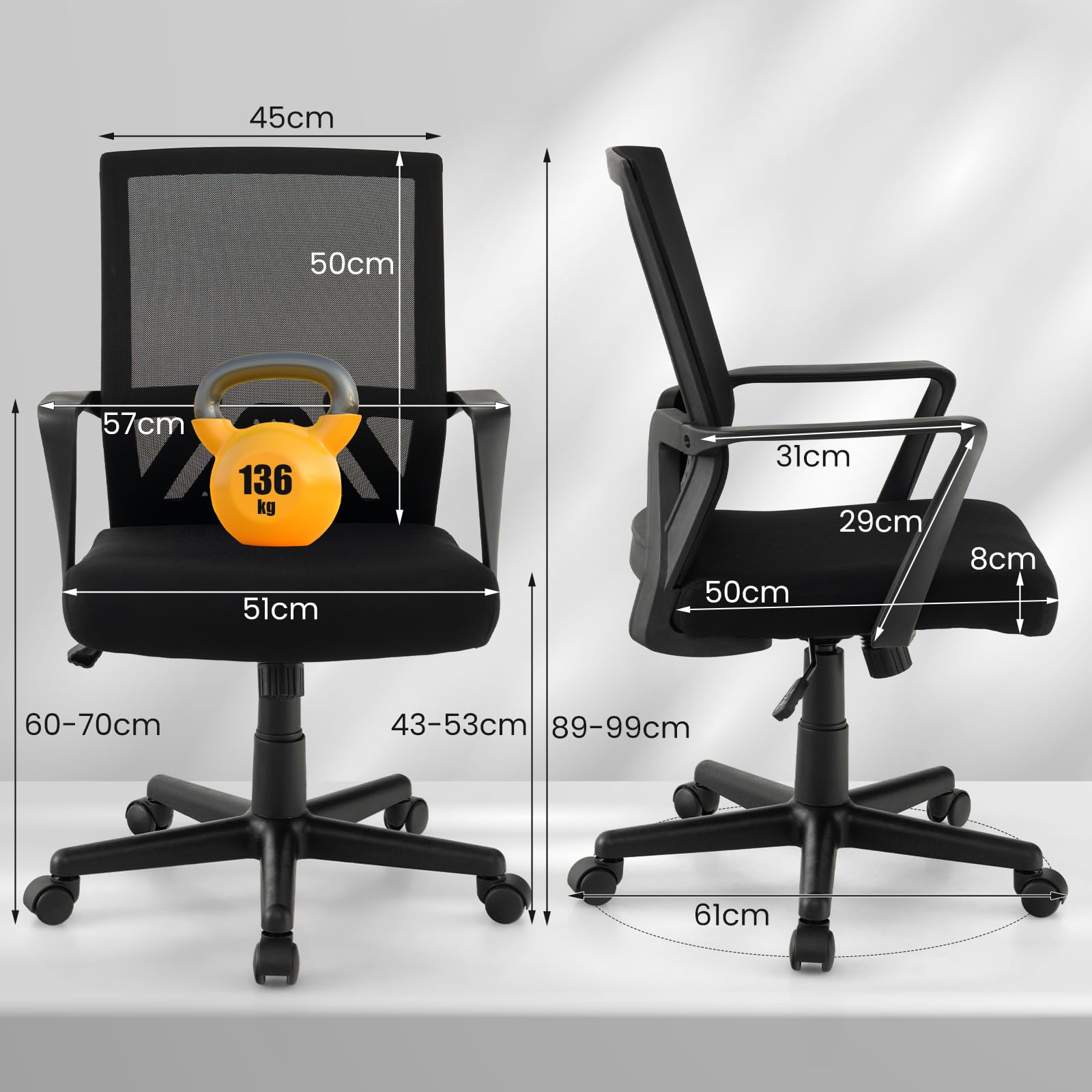 GYMAX Sedia da Ufficio Ergonomica Girevole a 360°, Sedie in Rete con Seduta Regolabile in Altezza (43-53cm) & Schienale Inclinabile (90-110°), Sedia da Scrivania per Studio, Lavoro & Relax