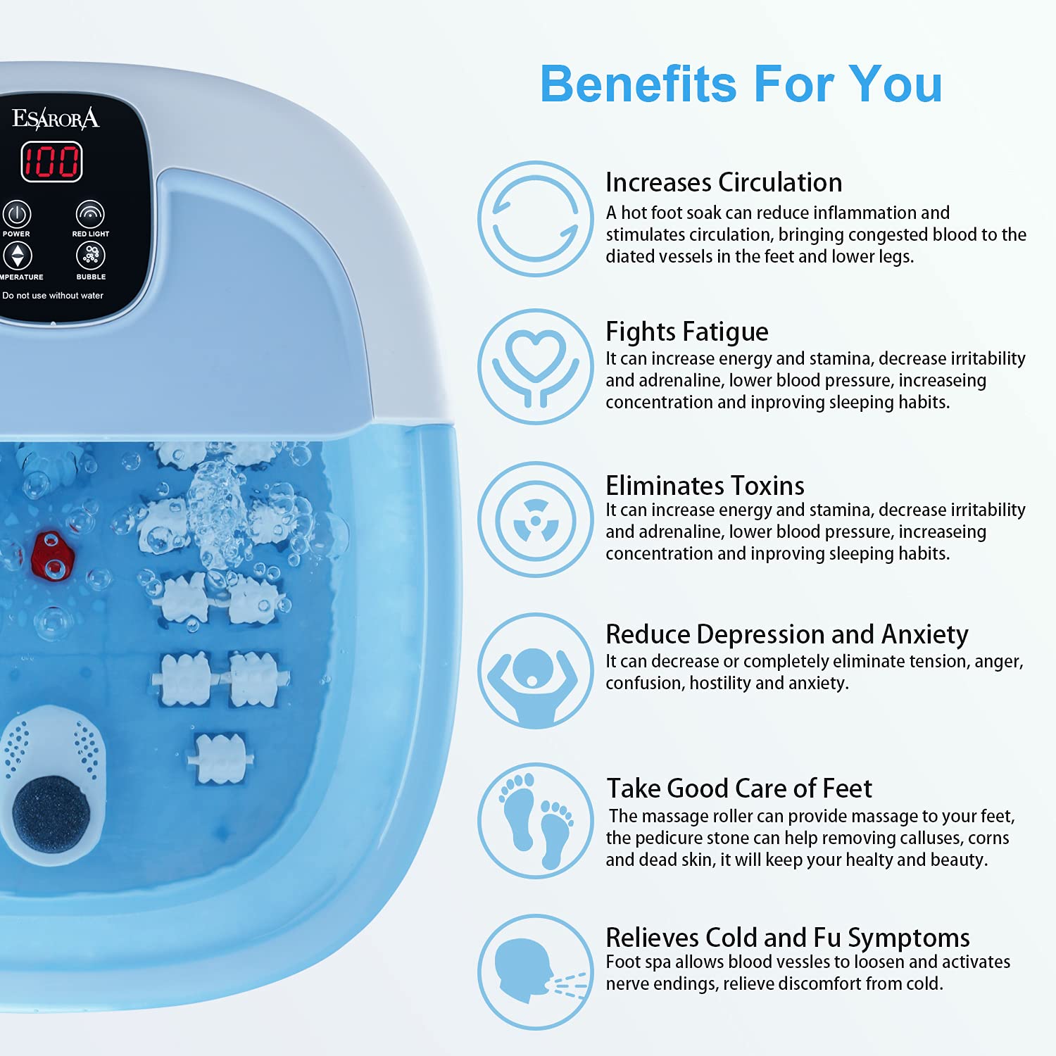 Foot Spa, ESARORA Foot Bath Massager with Heat, Bubbles, Pumice Stone, Medicine Box, Temperature Control, Red Light, Ergonomic Massage Rollers and Acupressure Massage Points, Light Blue : Health & Household