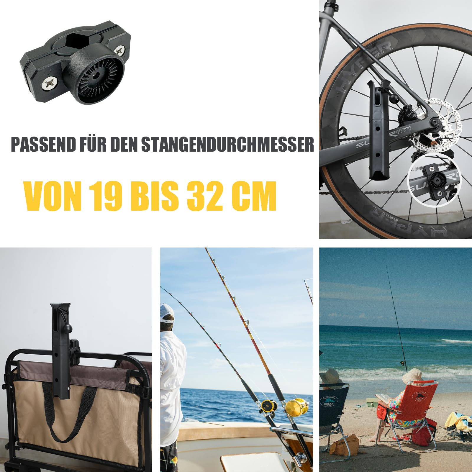 Verstellbarer Angelrutenhalter zur Montage an Stangen für Fahrräder, Angelstühle, Wagen, Roller, Motorräder, ATVs & Strandautos, Rutenhalter Angel mit Montageklemme (Innendurchmesser 4 cm)