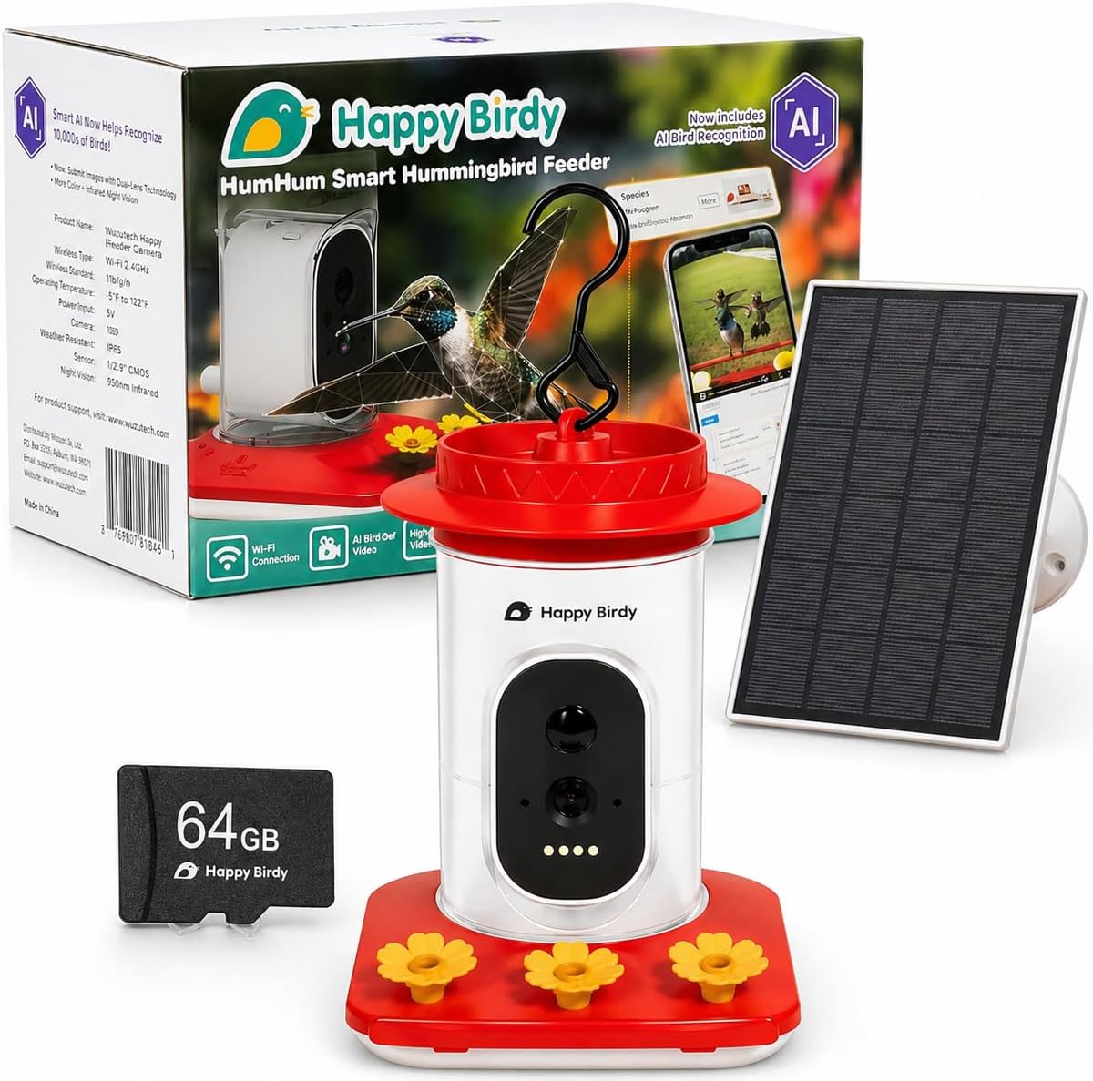 Happy Birdy Hum Hum Smart Hummingbird Feeder with Camera & 64GB MicroSD Card Bundle – WiFi App, AI Bird Recognition, HD Video, Solar Powered, Weatherproof Outdoor Bird Feeder by Wuzutech