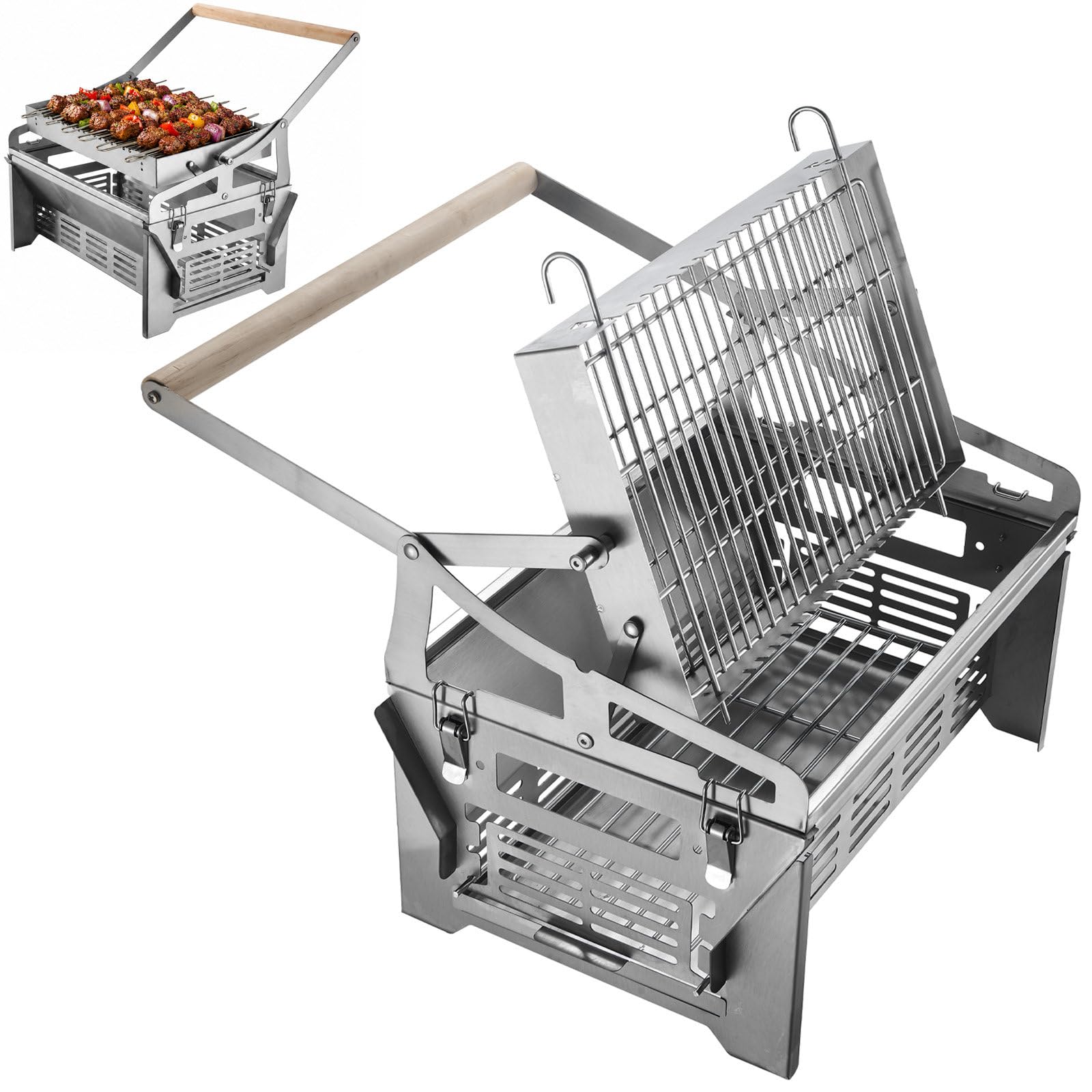 Barbecue a Carbone Compatto con Manico in Faggio e Cestello Girevole | Il telaio stabile è adatto a balconi, terrazze, giardini, campeggi e piacevoli pasti condivisi all'aperto in compagnia.