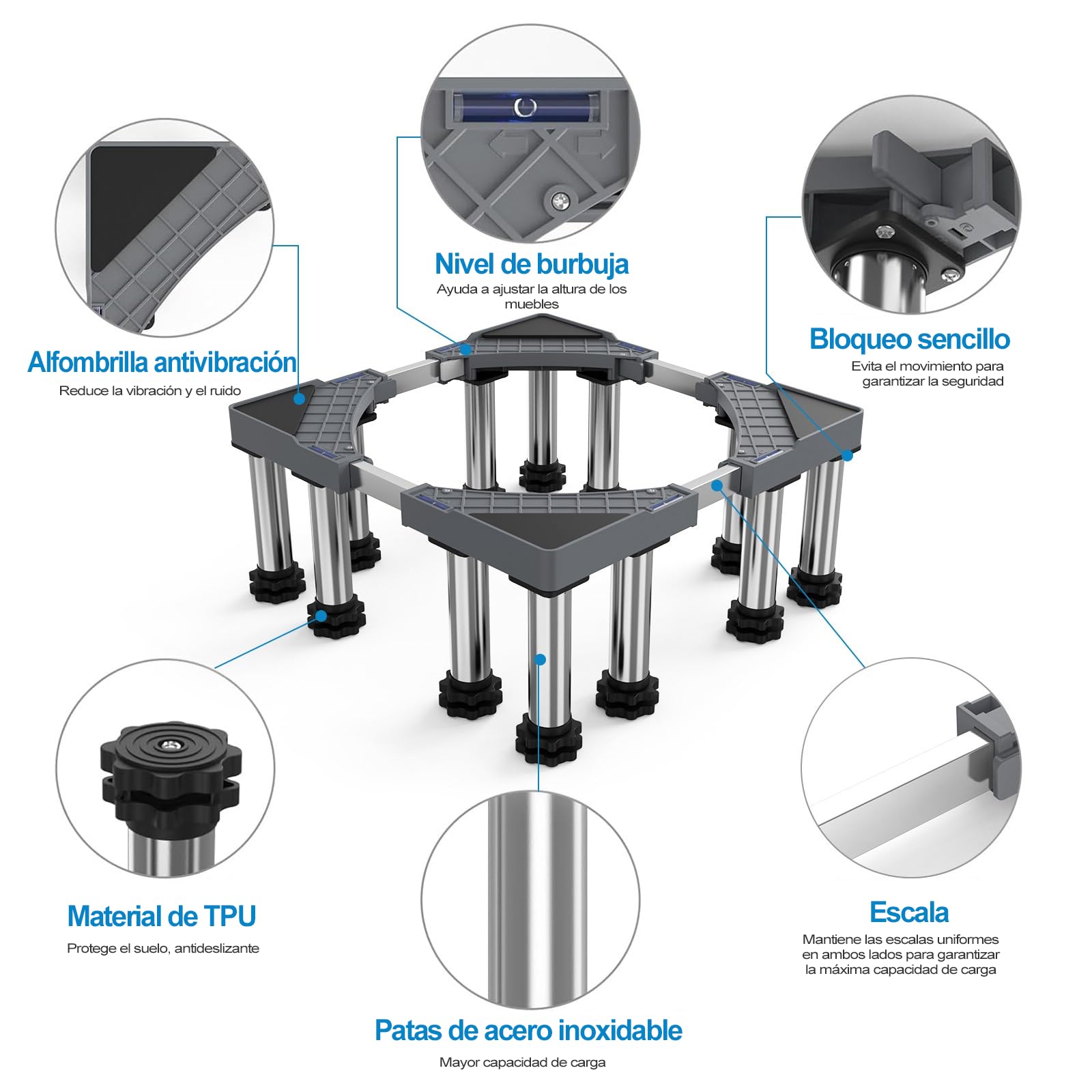 DEWEL Base de Lavadora 12 Pies, Longitud Ajustable 43-57 CM, Altura 18-20 cm, Capacidad de Carga 500 KG Base de Lavadora Ajustable, Adecuada para Secadoras, Refrigeradores y Congeladores