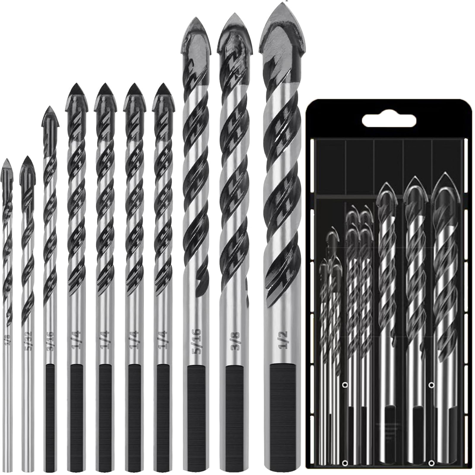 10PCS Professional Masonry Drill Bit Set for Glass/Brick/Plastic/Cement/Wood/Tile/Etc, Industrial Strength Carbide Drill Bit Tip, 3mm-12mm