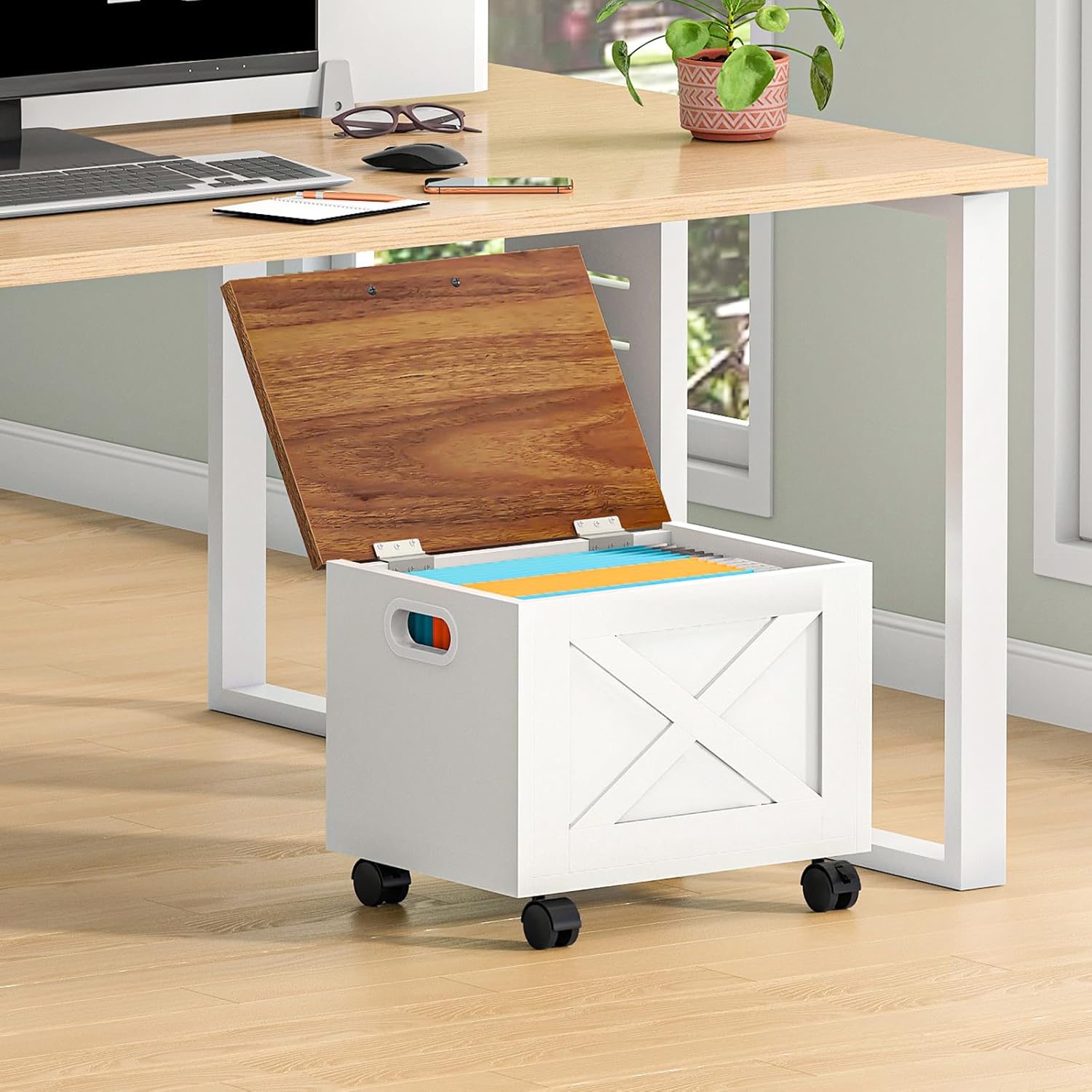 HOOBRO File Cabinet, Under Desk Small Filing Cabinet with Drawer, Rolling File Cart with Lid, Hanging File Organizer on Wheels, Filing Storage Cart, for Study, Home Office, White and Walnut WH33WJ01