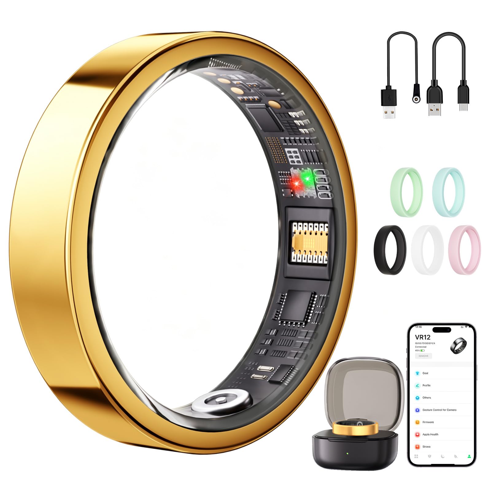Smart Ring for Women & Men, AI Health Analysis, Thin Fitness Tracker Ring, Health Ring with Heart Rate, SpO2, HRV, Stress, Sleep, Cycle and Activity Tracking, 6.42mm Design,No App Fees (Gold, 8#)