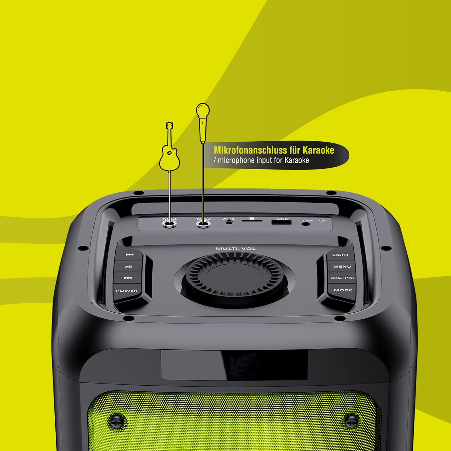 Close-up of the control panel on top of the LEICKE DJ ROXXX Partybox Aurora, showing buttons and ports