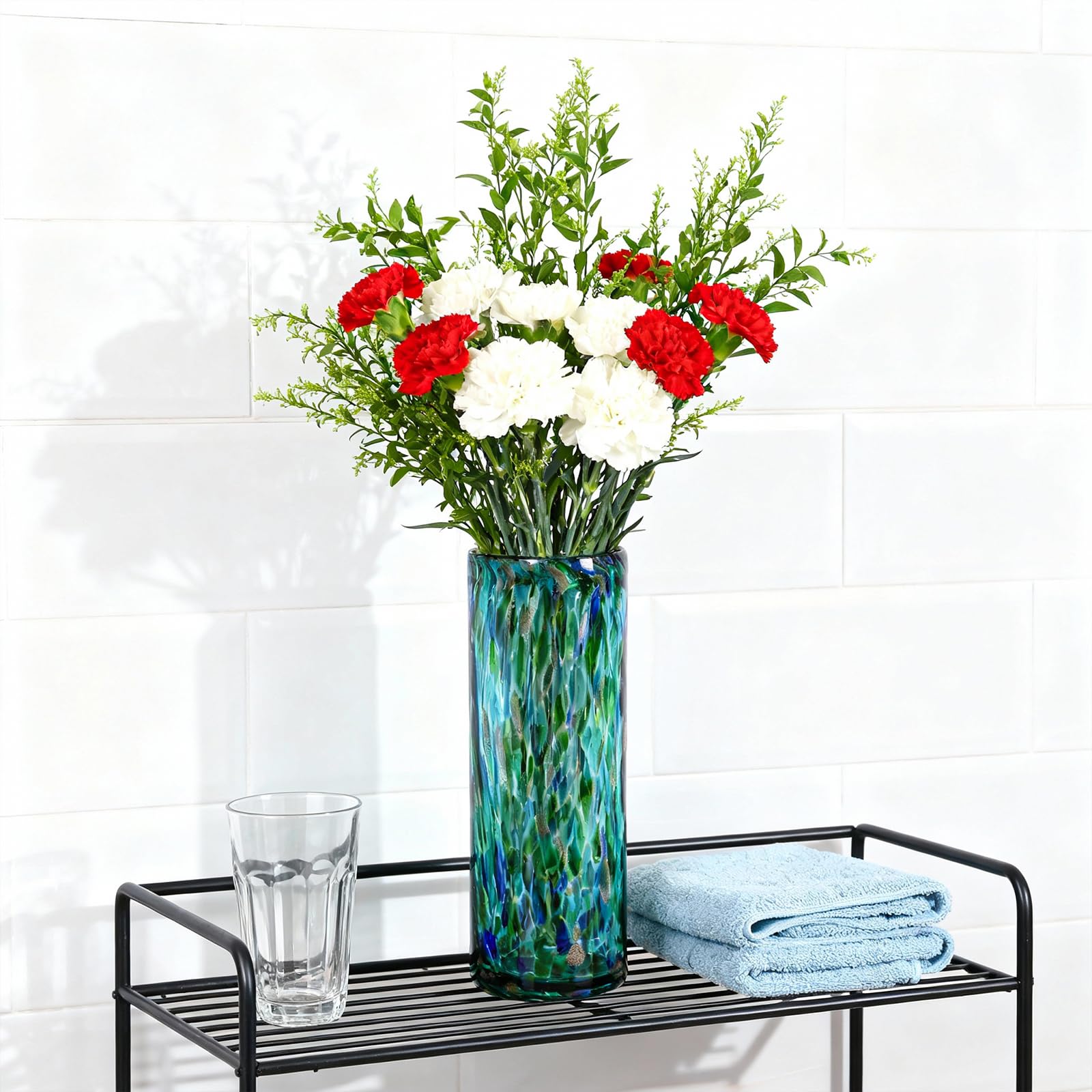 Jarrón verde azulado de 9.45 pulgadas de alto, jarrón de vidrio soplado a mano, moderno, centros de mesa para el hogar, jarrones de boca ancha para decoración de brotes y flores, ideal para sala de