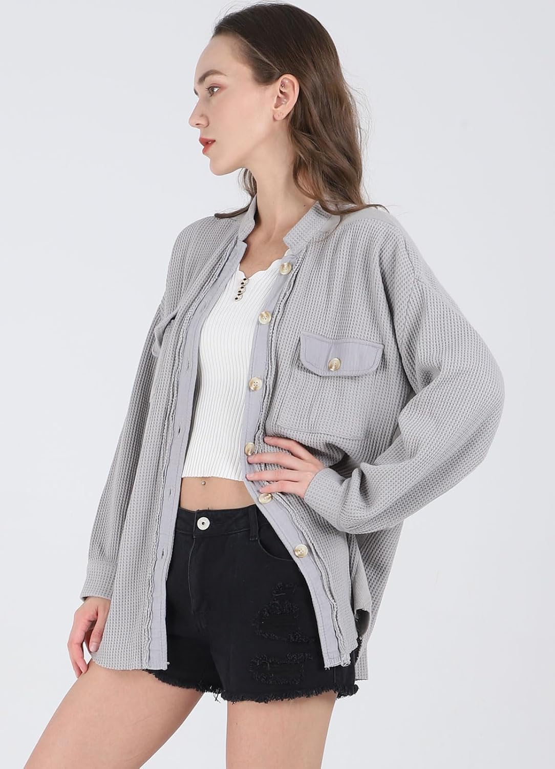 loveimgs Oversized Waffle Knit Shirt Women Fall Shacket Corduroy Long Sleeve Shirts Button Down Shirts Jacket
