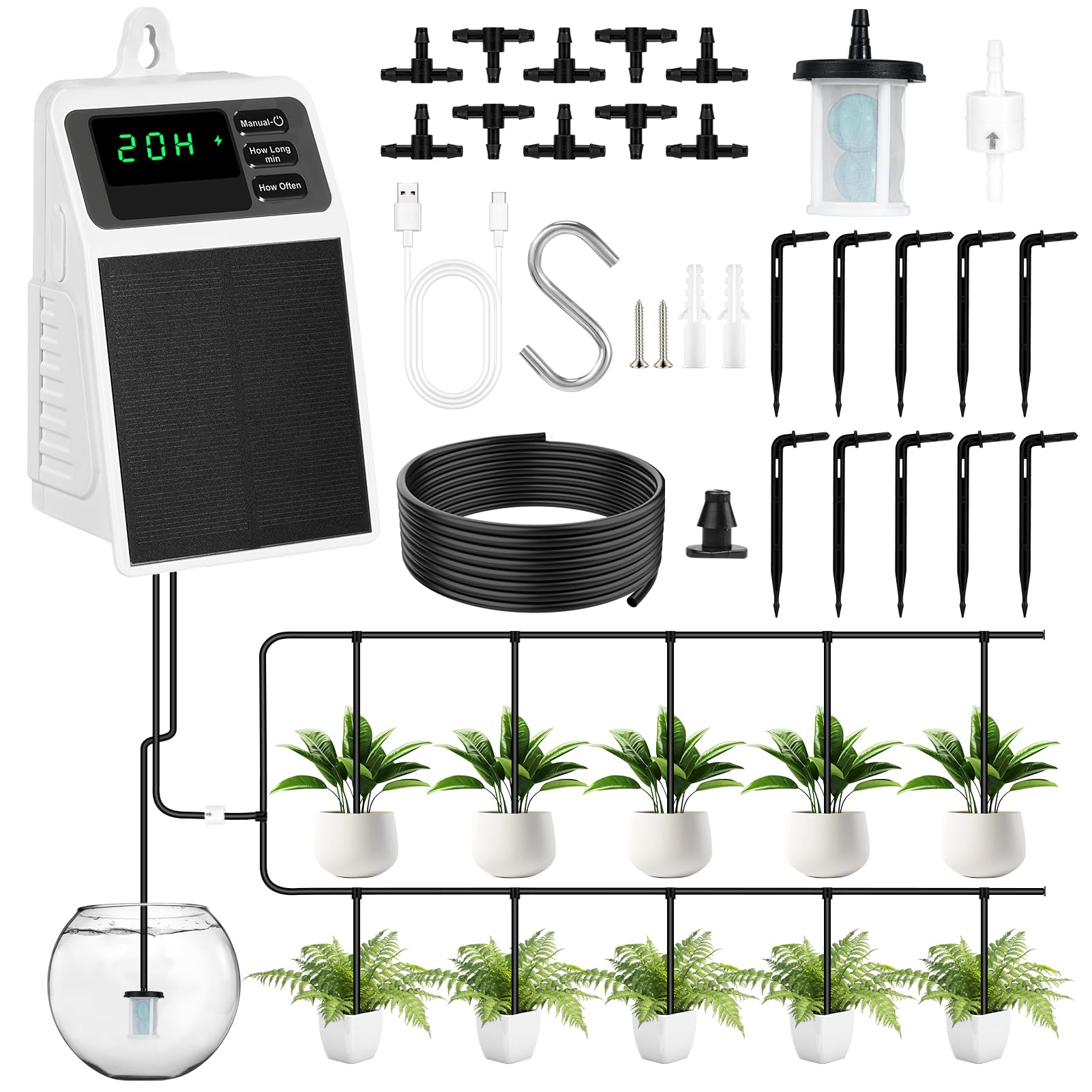 Solar Irrigation System, Self Automatic Greenhouse Watering Systems DIY Drip Irrigation System Kit with 10m Hose, Self Watering System for Potted Plants for Outdoor Indoor Garden Balcony Greenhouse