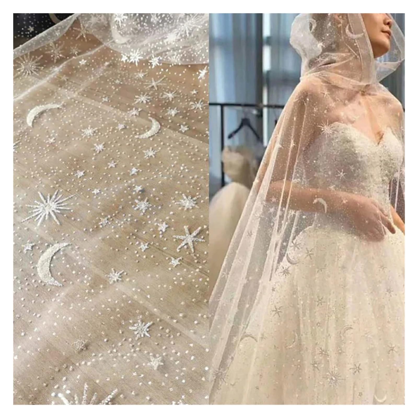 Tessuto per abito da sposa con stelle scintillanti e luna, morbido tulle bianco, sfondo fotografico, velo in tessuto per abiti da sposa, materiale fai da te (150 cm x 200 cm)