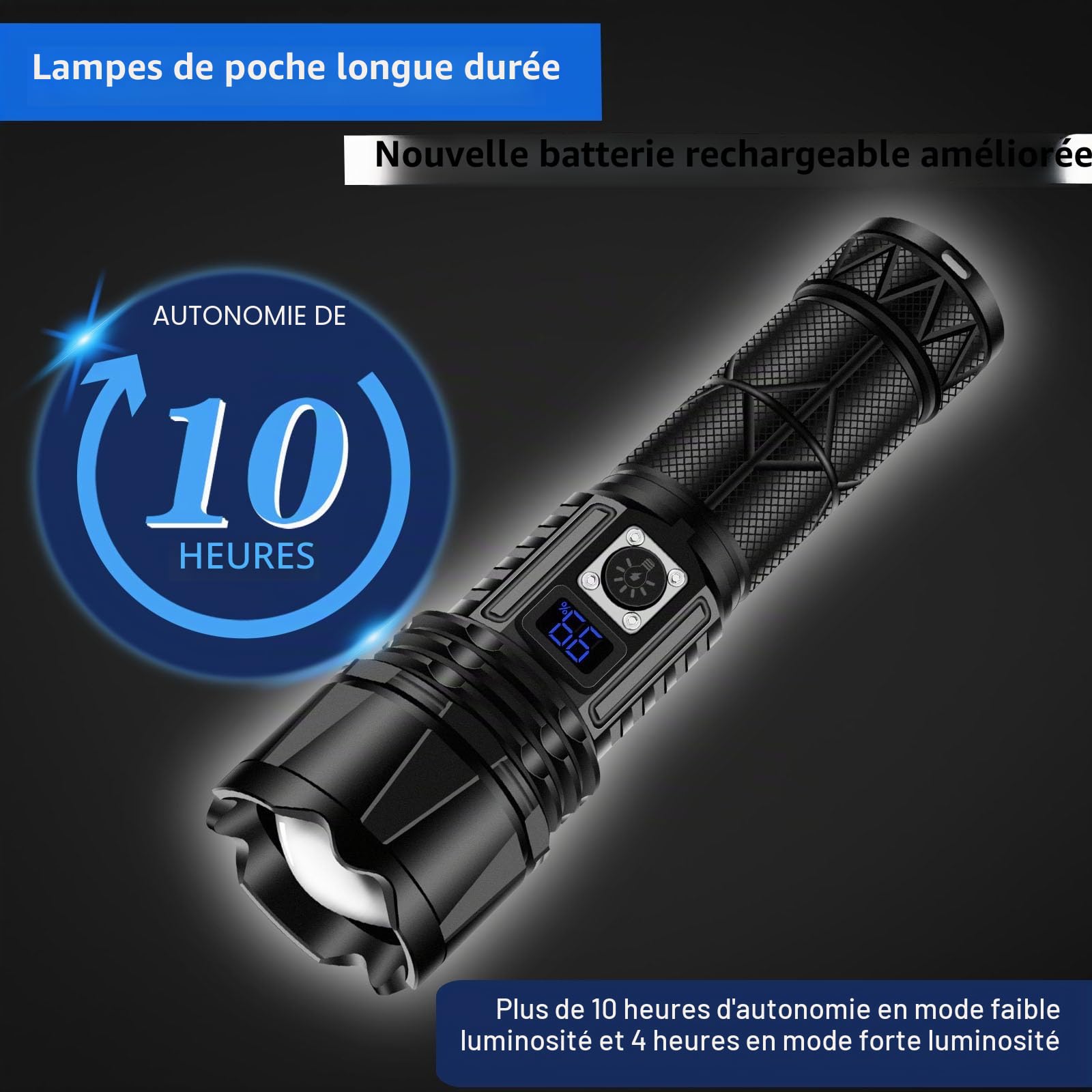 JAY-PARK Lampe de poche LED rechargeable 10 000 lumens, lampe de poche super lumineuse avec affichage numérique de la puissance et zoomble, lampes de poche haute luminosité rechargeables pour le