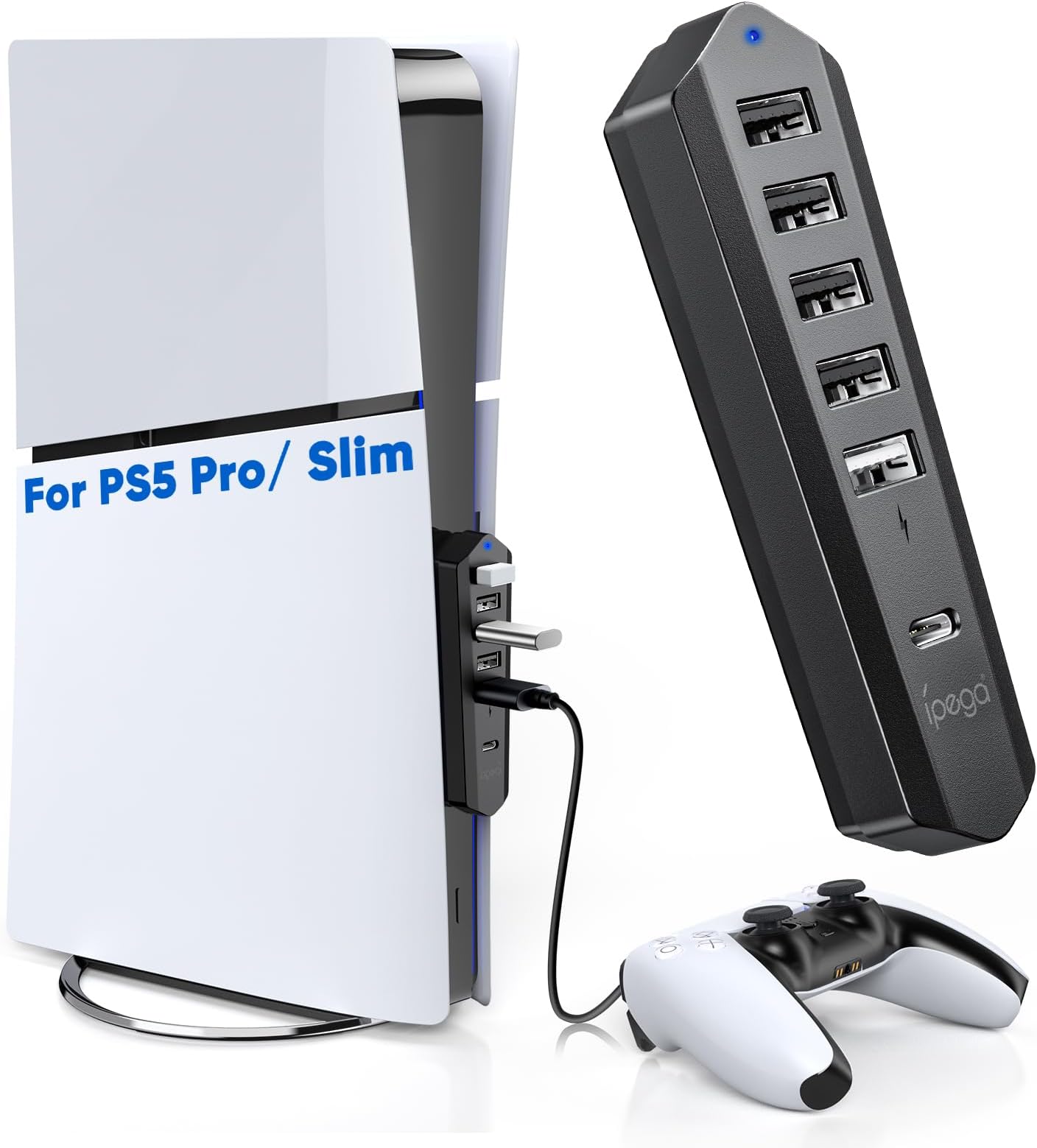 6 Ports USB Hub Only for PS5 Pro/Slim Console Disc ＆ Digital, High-Speed Extra USB Port Extender for PS5 Slim Pro Accessories, Charging Adapter with 1 Type C 3.0 + 4 USB-A 2.0 + 1 Port