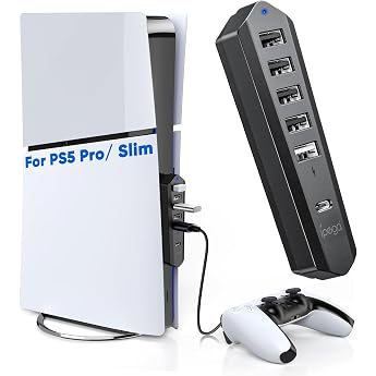Auarte USB Hub for Playstation 5 Pro / Slim Console 1 Type C 3.1 Port 4 USB 2.0 Ports 1 USB Charging Port Compatible PS5 Pro / Slim Accessories