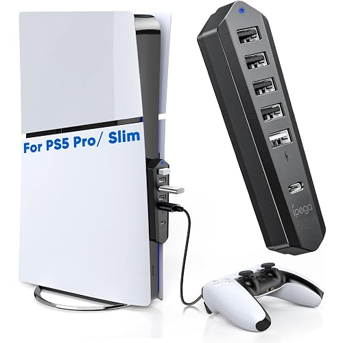 6 Ports USB Hub Only for PS5 Pro/Slim Console Disc ＆ Digital, High-Speed Extra USB Port Extender for PS5 Slim Pro Accessories, Charging Adapter with 1 Type C 3.0 + 4 USB-A 2.0 + 1 Port