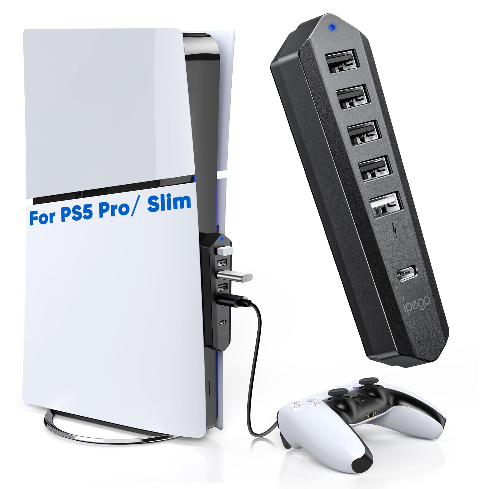 Joso Hub USB A 6 Porte Per PS5 Pro/Slim – Espansione Con 4 USB 2.0, 1 Ricarica E 1 Type-C 3.1, Plug & Play